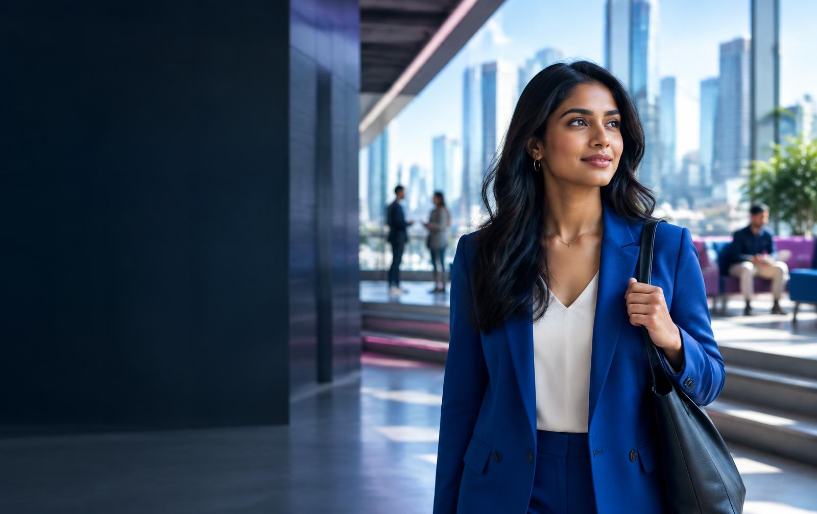 Professional walking through a modern office